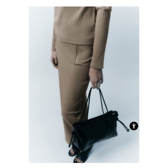 ZARA Tan Ribbed Double Zip Midi Pencil Sweater Skirt Medium NWT - Picture 6 of 10